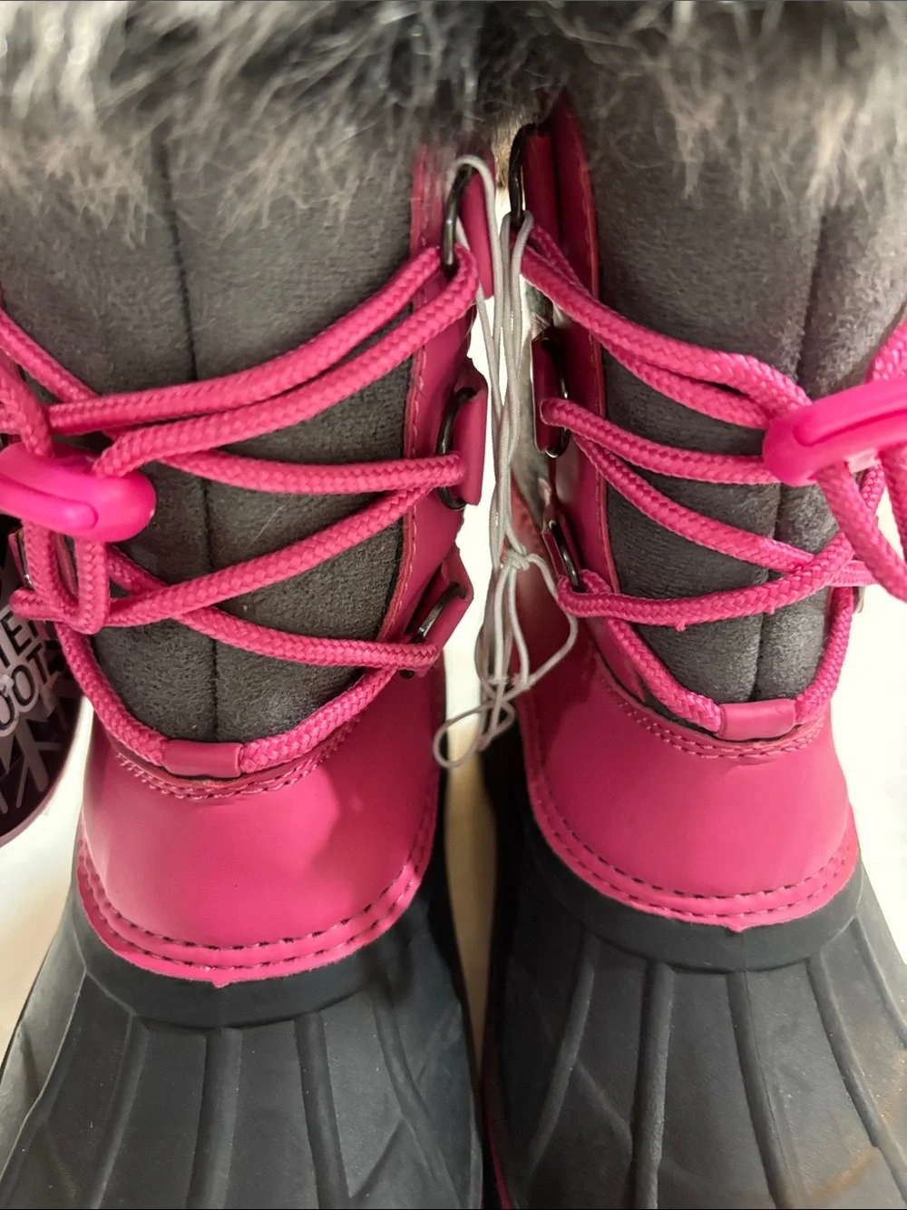 Kids Winter Snow Boots - Pink and Gray Faux Fur Girl's Size 2